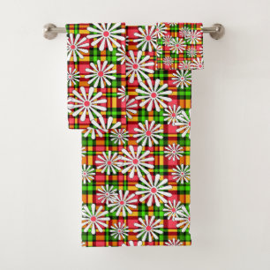 White daisy flowers on a red green checkered backg bath towel set