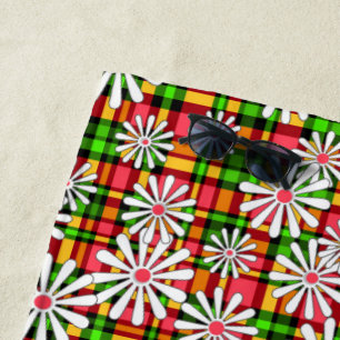 White daisy flowers on a red green checkered backg beach towel