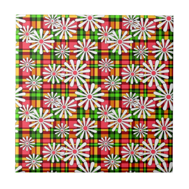 White daisy flowers on a red green checkered backg ceramic tile (Front)