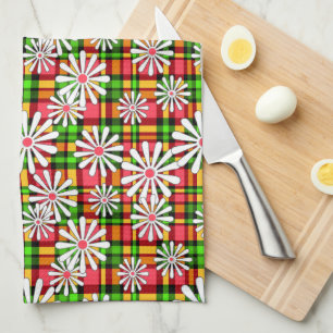 White daisy flowers on a red green checkered backg kitchen towel