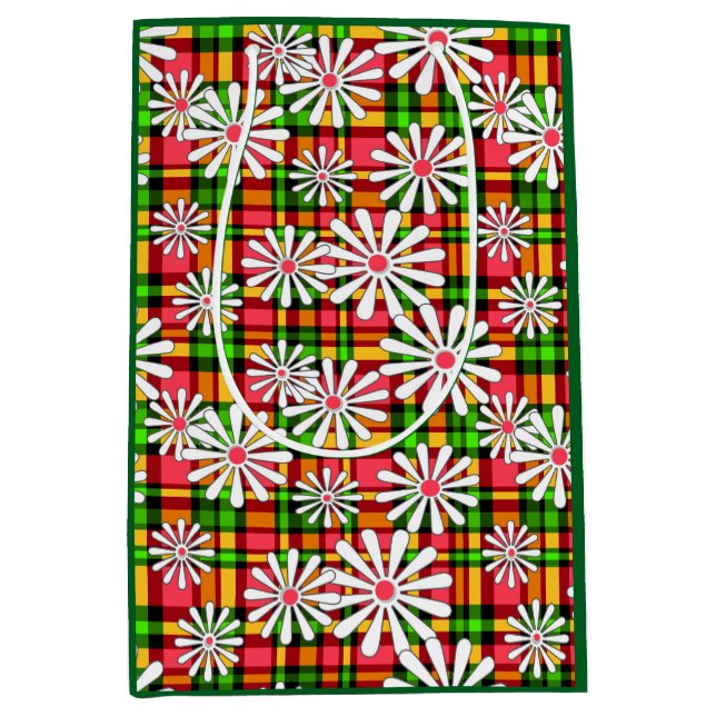 White daisy flowers on a red green checkered backg medium gift bag (Front)