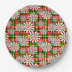 White daisy flowers on a red green checkered backg paper plates