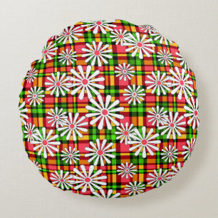 White daisy flowers on a red green checkered backg round pillow