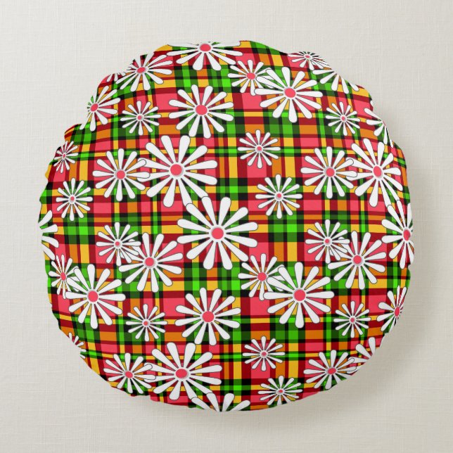 White daisy flowers on a red green checkered backg round pillow (Front)