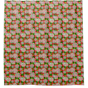 White daisy flowers on a red green checkered backg shower curtain