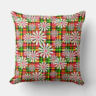 White daisy flowers on a red green checkered backg throw pillow