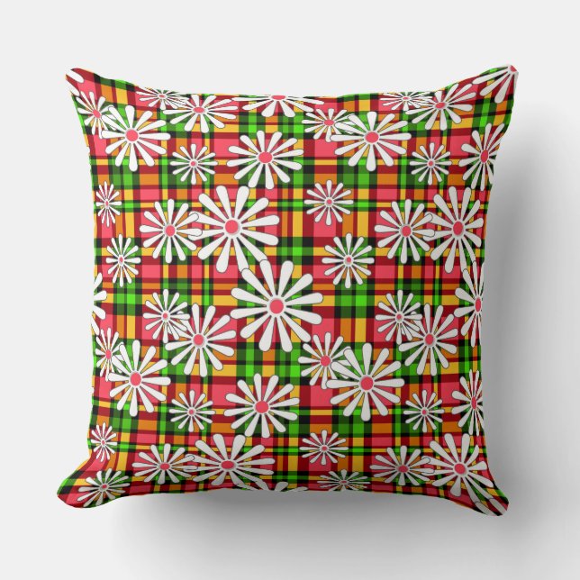 White daisy flowers on a red green checkered backg throw pillow (Front)