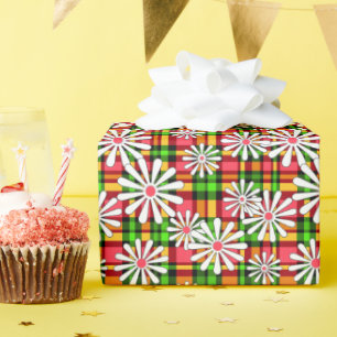 White daisy flowers on a red green checkered backg wrapping paper
