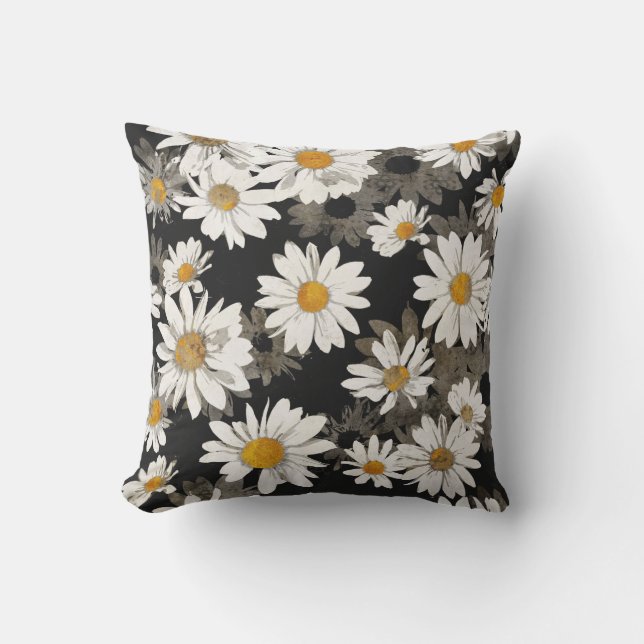 White Daisy Flowers on Black Outdoor Pillow (Front)