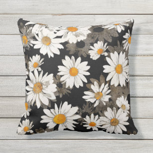 White Daisy Flowers on Black Outdoor Pillow