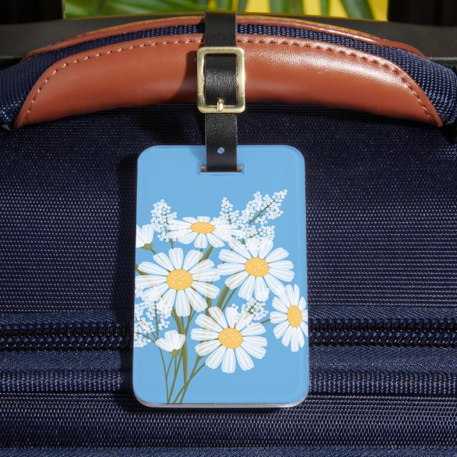White Daisy Flowers on Blue Luggage Tag (Front Insitu 2)