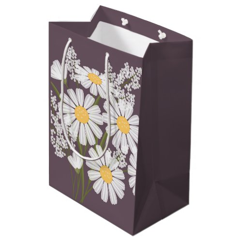 White Daisy Flowers on Dark Purple Medium Gift Bag