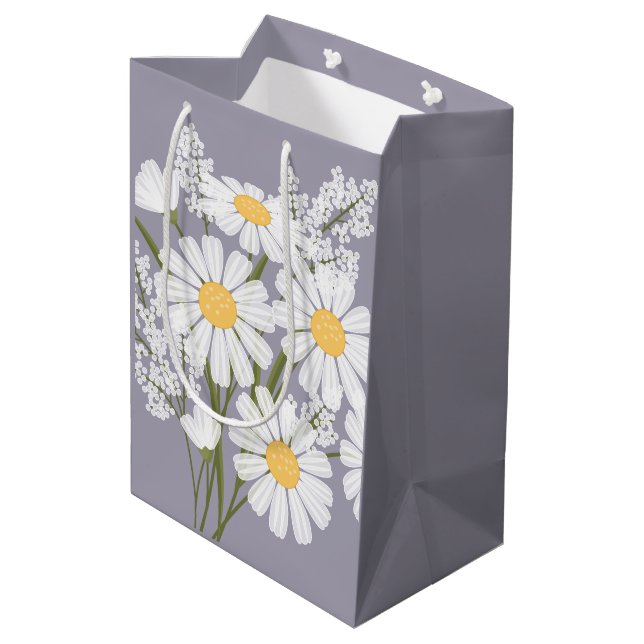 White Daisy Flowers on Lavender Medium Gift Bag (Back Angled)