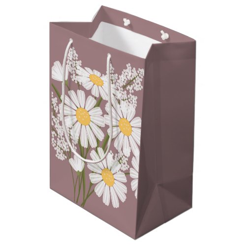 White Daisy Flowers on Rosy Brown Medium Gift Bag