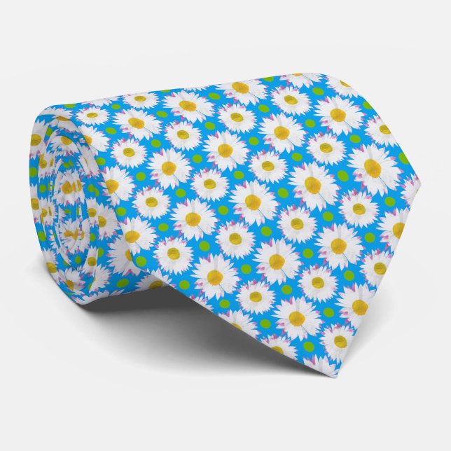 White Daisy Flowers on Sky Blue Background Neck Tie (Rolled)