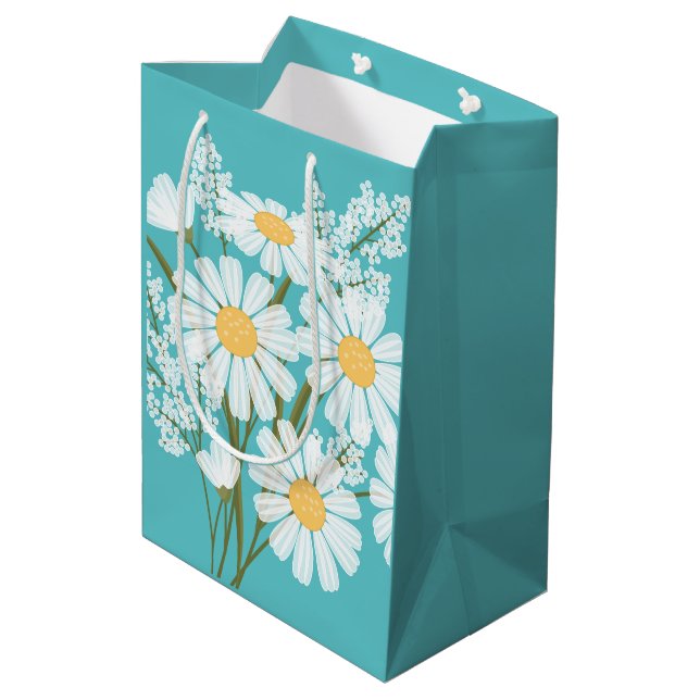 White Daisy Flowers on Teal Medium Gift Bag (Back Angled)