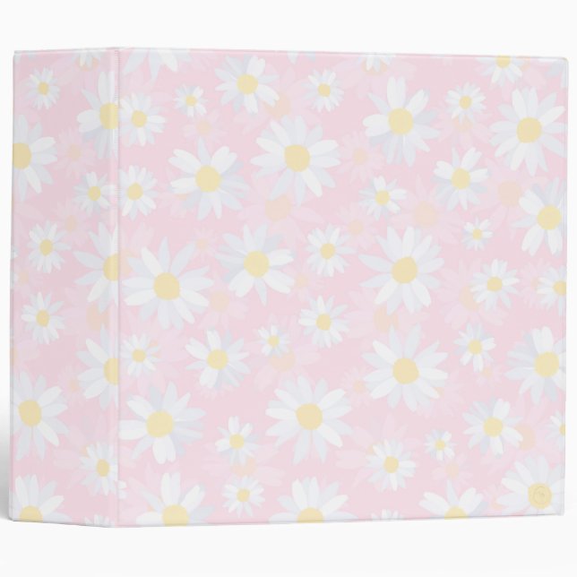 White Daisy Flowers Pink Floral 3 Ring Binder (Front/Spine)