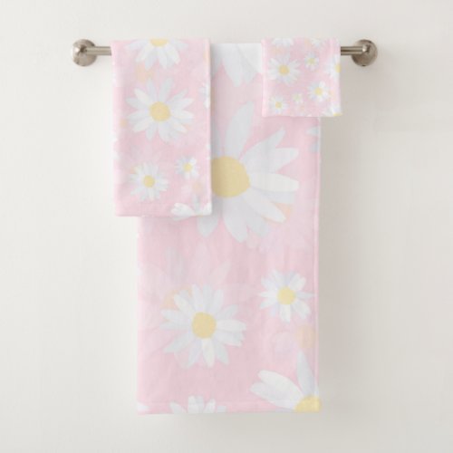 White Daisy Flowers Pink Floral Bath Towel Set