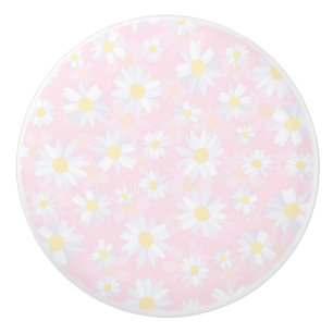 White Daisy Flowers Pink Floral Ceramic Knob