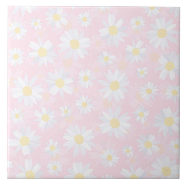 White Daisy Flowers Pink Floral Ceramic Tile (Front)