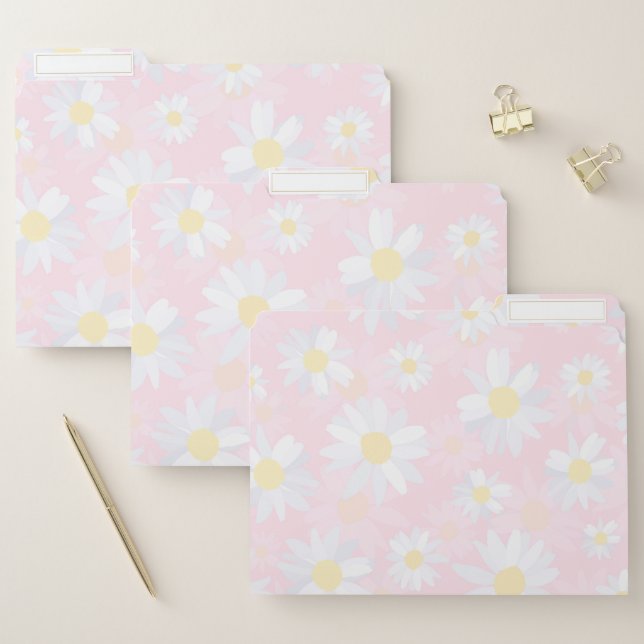  White Daisy Flowers Pink Floral File Folder (Set)