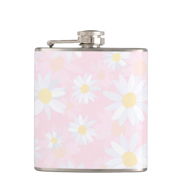 White Daisy Flowers Pink Floral Flask (Front)