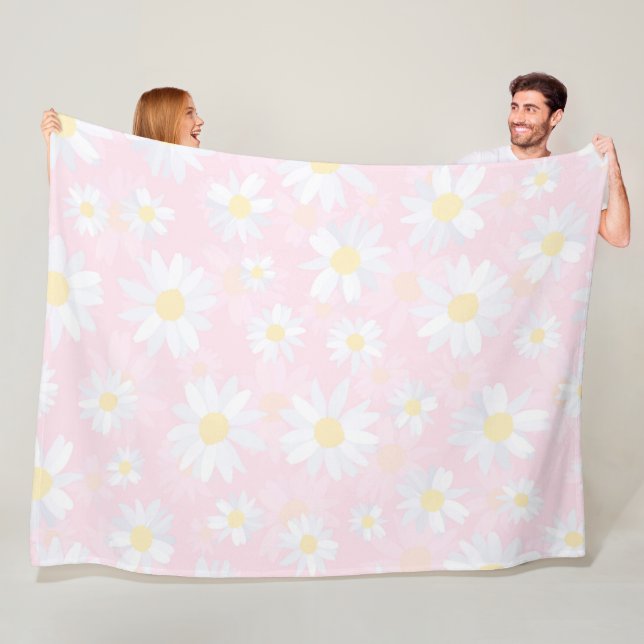 White Daisy Flowers Pink Floral Fleece Blanket (In Situ)
