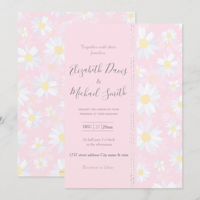 White Daisy Flowers Pink Floral Invitation (Front/Back)