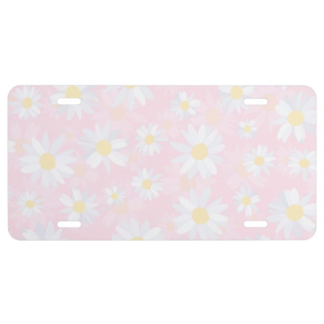 White Daisy Flowers Pink Floral License Plate (Front)