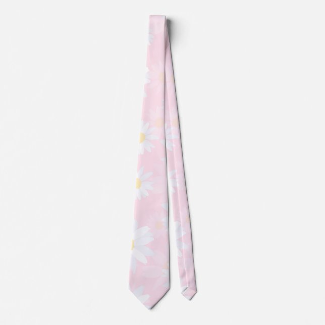 White Daisy Flowers Pink Floral Neck Tie (Front)