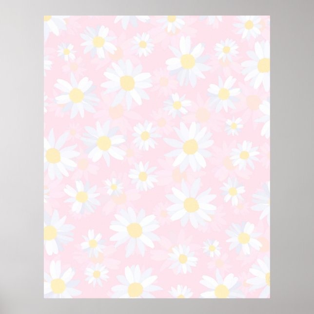 White Daisy Flowers Pink Floral Poster (Front)