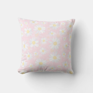 White Daisy Flowers Pink Floral Throw Pillow