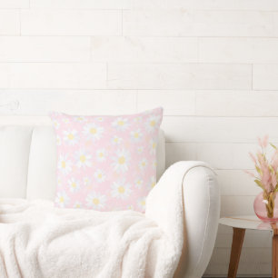 White Daisy Flowers Pink Floral Throw Pillow