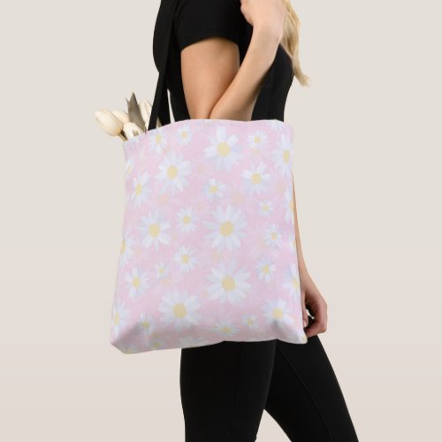 White Daisy Flowers Pink Floral Tote Bag