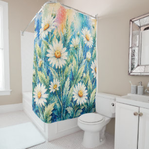 White Daisy Geometric Style Cross-Stitch-Inspired Shower Curtain