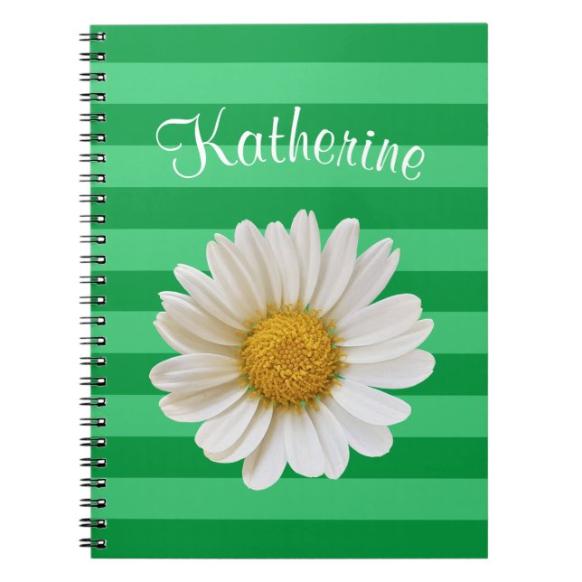 White Daisy Green Striped Custom Name Notebook (Front)