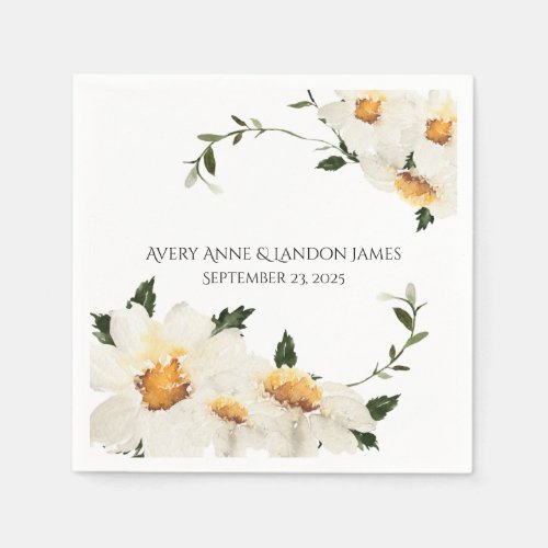 White Daisy Greenery Personalized Modern Wedding Napkins