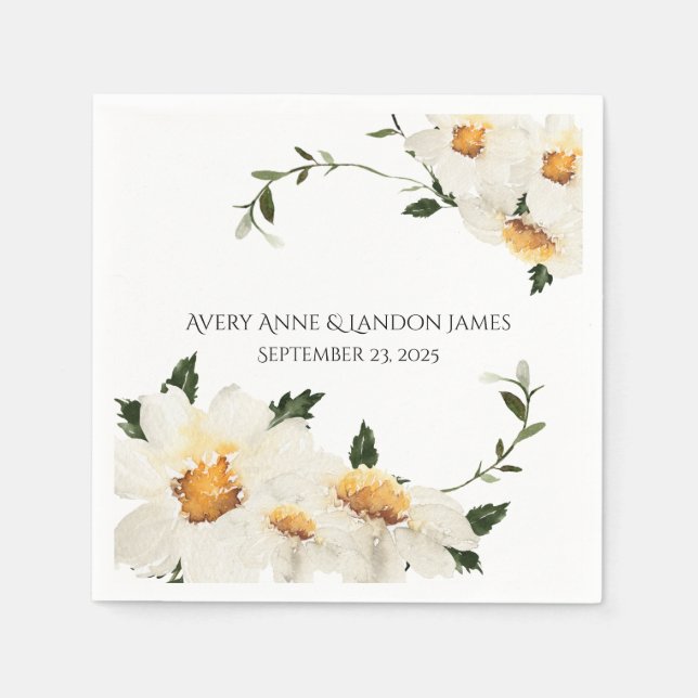 White Daisy Greenery Personalized Modern Wedding Napkins (Front)