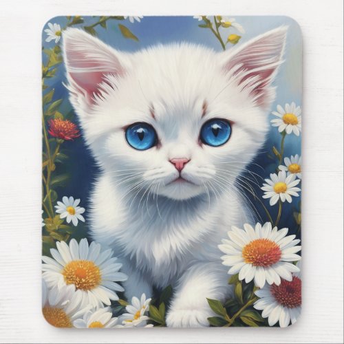 White Daisy Kitten Blue Eyes Mouse Pad