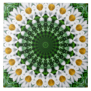 White Daisy Mandala with Fresh Green Symmetry Ceramic Tile