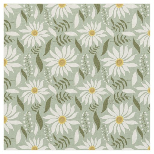 White Daisy Mint Floral Pattern  Fabric