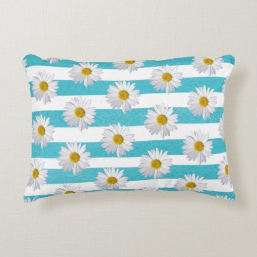 white daisy on aqua blue watercolor stripe accent pillow