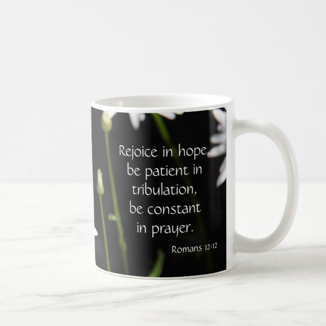 White Daisy on Black, Bible Verse Hope & Prayer Coffee Mug (Right)