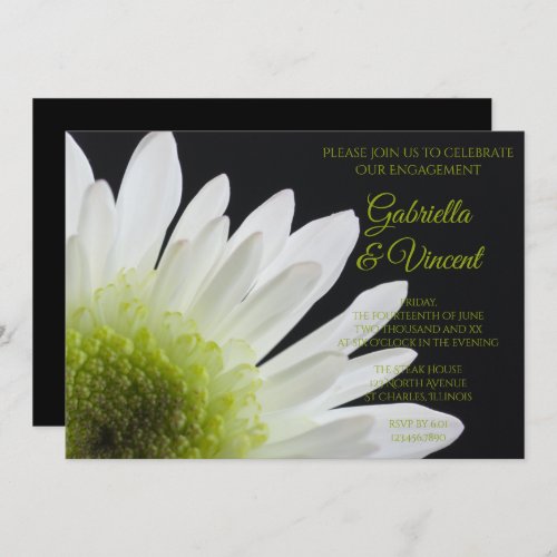 White Daisy on Black Engagement Party Invitation