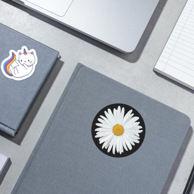 White Daisy on Black Floral Classic Round Sticker (In Situ Book)