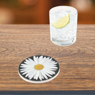White Daisy on Black Floral Coaster