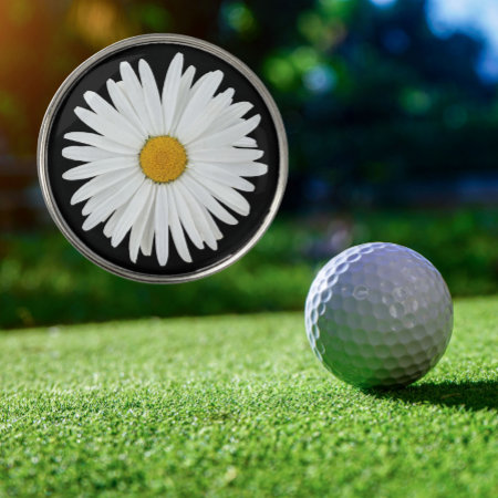 White Daisy On Black Floral Golf Ball Marker