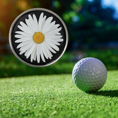 White Daisy on Black Floral Golf Ball Marker