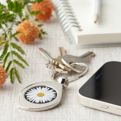 White Daisy on Black Floral Keychain