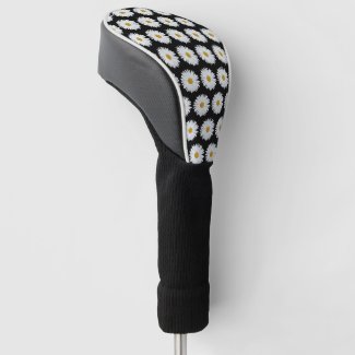 White Daisy on Black Floral Pattern Golf Head Cover